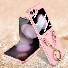 Per Samsung Galaxy Z Flip5 GKK Custodia per cellulare con cerniera integrata con collana e supporto ad anello (rosa)