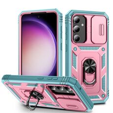 Per Samsung Galaxy S23 FE 5G Custodia scorrevole Camshield TPU + PC con supporto (rosa+verde)