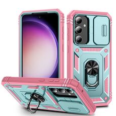 Per Samsung Galaxy S23 FE 5G Custodia scorrevole Camshield TPU + PC con supporto (verde + rosa)