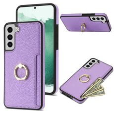 Per Samsung Galaxy S22 5G Custodia per telefono con retro in pelle con carta ad anello Litchi (viola)
