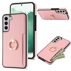 Per Samsung Galaxy S22 5G Custodia per telefono con retro in pelle con carta ad anello Litchi (rosa)
