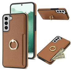Per Samsung Galaxy S22 5G Custodia per telefono con retro in pelle con carta ad anello Litchi (marrone)
