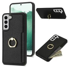 Custodia posteriore in pelle per Samsung Galaxy S22+ 5G Ring Card Litchi (nera)
