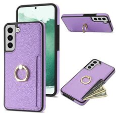 Per Samsung Galaxy S22+ 5G Custodia per telefono con retro in pelle con carta ad anello Litchi (viola)