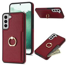 Custodia posteriore in pelle per Samsung Galaxy S22+ 5G Ring Card Litchi (rossa)