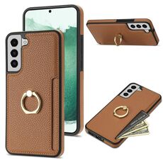 Custodia posteriore in pelle per Samsung Galaxy S22+ 5G Ring Card Litchi (marrone)