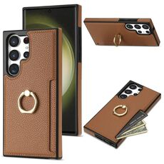 Per Samsung Galaxy S22 Ultra 5G Custodia per telefono con retro in pelle con carta ad anello Litchi (marrone)