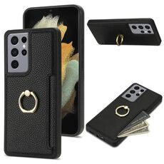 Per Samsung Galaxy S21 Ultra 5G Custodia per telefono con retro in pelle con carta ad anello Litchi (nera)