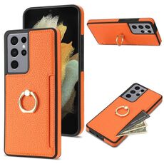 Per Samsung Galaxy S21 Ultra 5G Custodia per telefono con retro in pelle con carta ad anello Litchi (arancione)