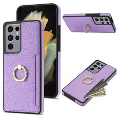 Per Samsung Galaxy S21 Ultra 5G Custodia per telefono con retro in pelle con carta ad anello Litchi (viola)