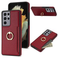 Per Samsung Galaxy S21 Ultra 5G Custodia per telefono con retro in pelle con carta ad anello Litchi (rossa)
