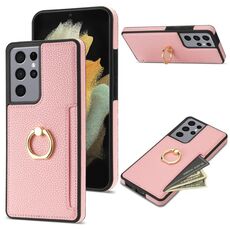 Per Samsung Galaxy S21 Ultra 5G Custodia per telefono con retro in pelle con carta ad anello Litchi (rosa)