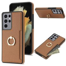 Per Samsung Galaxy S21 Ultra 5G Custodia per telefono con retro in pelle con carta ad anello Litchi (marrone)