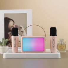 Altoparlante Bluetooth portatile con effetto di illuminazione RGB Mini audio karaoke per la casa, Stile: doppio microfono + altoparlante (rosa)