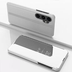 Per Samsung Galaxy M34 5G Custodia per telefono in pelle con vibrazione orizzontale a specchio placcato con supporto (Argento)