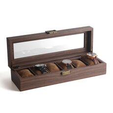 Scatola per esposizione di orologi in pelle con venature del legno, custodia per orologi, stile: lunga 6 cifre
