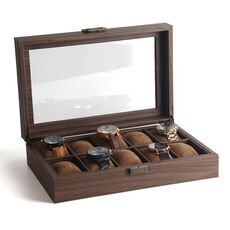 Scatola per esposizione di orologi in pelle con venature del legno, custodia per orologi, stile: lunghezza 10 cifre