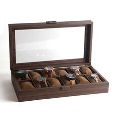 Scatola per esposizione di orologi in pelle con venature del legno, custodia per orologi, stile: lunghezza 12 cifre