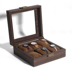 Scatola portagioie per orologio in pelle con venature del legno, stile: quadrato a 6 cifre