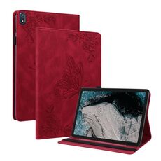 Custodia per tablet in pelle goffrata con fiori di farfalla per Nokia T20 (rossa)