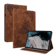 Custodia per tablet in pelle goffrata con fiori di farfalla per Nokia T20 (marrone)