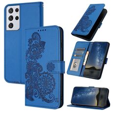 Per Samsung Galaxy S21 Ultra Datura Custodia in pelle con motivo floreale in rilievo (blu)