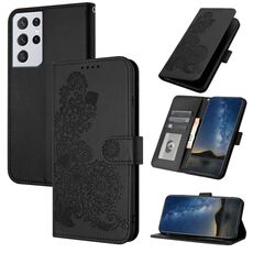 Per Samsung Galaxy S21 Custodia per telefono in pelle Flip in rilievo con fiori Ultra Datura (nera)