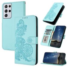 Per Samsung Galaxy S21 Ultra Datura Custodia in pelle con motivo floreale in rilievo (azzurro)
