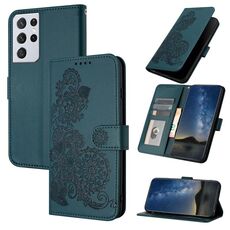 Per Samsung Galaxy S21 Custodia per telefono in pelle Flip in rilievo con fiori Ultra Datura (verde scuro)