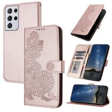 Per Samsung Galaxy S21 Custodia per telefono in pelle Flip in rilievo con fiori Ultra Datura (oro rosa)