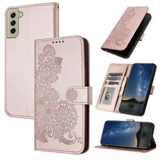 Per Samsung Galaxy S22+ Custodia per cellulare in pelle con motivo floreale in rilievo Datura (oro rosa)