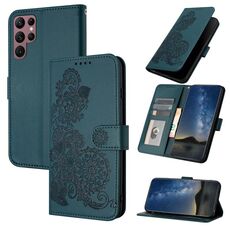 Per Samsung Galaxy S22 Ultra Datura Custodia in pelle con motivo floreale in rilievo (verde scuro)