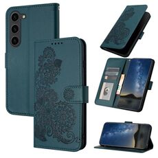 Per Samsung Galaxy S23 Custodia per telefono in pelle Flip con motivo floreale in rilievo Datura (verde scuro)
