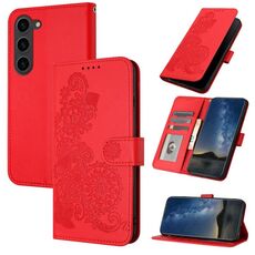 Custodia per telefono in pelle Flip in rilievo con fiori Datura per Samsung Galaxy S23 FE (rossa)