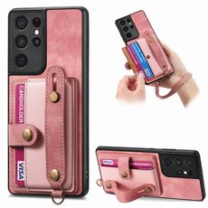 Custodia per telefono posteriore in pelle con cinturino incrociato retrò per Samsung Galaxy S21 Ultra 5G (rosa)