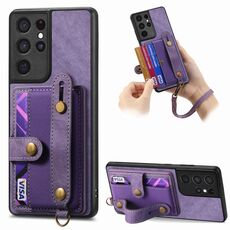 Per Samsung Galaxy S21 Ultra 5G Custodia per telefono con retro in pelle con cinturino incrociato retrò (viola)