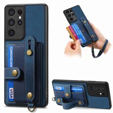 Per Samsung Galaxy S21 Ultra 5G Custodia per telefono con retro in pelle con cinturino incrociato retrò (blu)