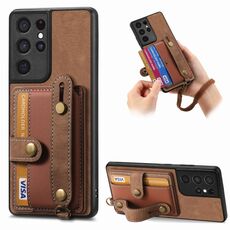 Per Samsung Galaxy S21 Ultra 5G Custodia per telefono con retro in pelle con cinturino incrociato retrò (marrone)