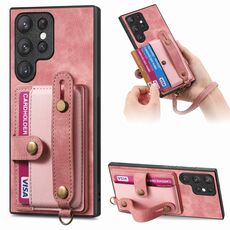Custodia per telefono posteriore in pelle con cinturino incrociato retrò per Samsung Galaxy S22 Ultra 5G (rosa)