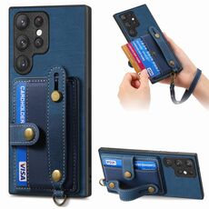 Per Samsung Galaxy S22 Ultra 5G Custodia per telefono con retro in pelle con cinturino incrociato retrò (blu)