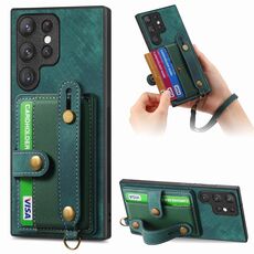 Custodia per telefono posteriore in pelle con cinturino incrociato retrò per Samsung Galaxy S22 Ultra 5G (verde)