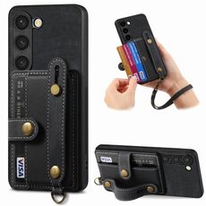Per Samsung Galaxy S23 5G Custodia per telefono con retro in pelle a portafoglio con cinturino incrociato retrò (nero)