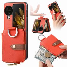 Custodia per telefono in pelle con anello a portafoglio con cerniera verticale per OPPO Find N3 (arancione)