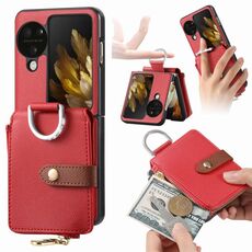 Custodia per telefono in pelle con anello a portafoglio con cerniera verticale per OPPO Find N3(Rosso)