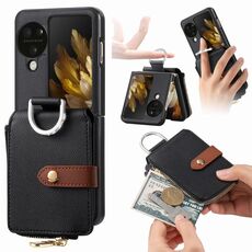 Custodia per telefono in pelle con anello a portafoglio con cerniera verticale per OPPO Find N3 (nero)