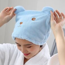 Cuffia per asciugare i capelli in velluto corallo ispessito con orso dei cartoni animati, forte turbante ad asciugatura rapida che assorbe l'acqua (blu)
