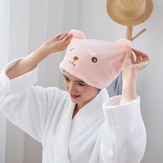 Cuffia per asciugare i capelli in velluto corallo ispessito con orso dei cartoni animati, forte turbante ad asciugatura rapida che assorbe l'acqua (rosa)