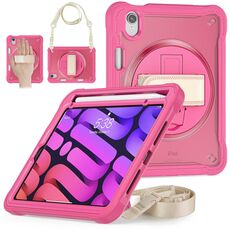 Custodia per tablet ibrida resistente per iPad mini 6 con maniglia e cinturino (rosa rossa)