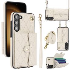 Custodia per telefono in pelle a portafoglio orizzontale rombica a tracolla per Samsung Galaxy S23 5G (bianca)