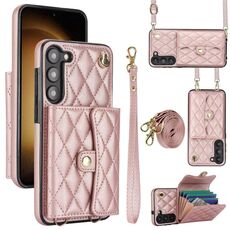 Custodia per telefono in pelle a portafoglio orizzontale rombica a tracolla per Samsung Galaxy S23 5G (oro rosa)